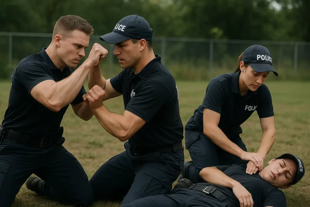 Grupo de policías entrenando pruebas físicas