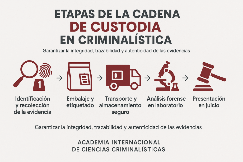 Infografía sobre las etapas de la cadena de custodia en criminalística, mostrando de forma secuencial la identificación, embalaje, transporte, análisis forense y presentación judicial de las evidencias, con iconos y diseño institucional de la Academia Internacional de Ciencias Criminalísticas.