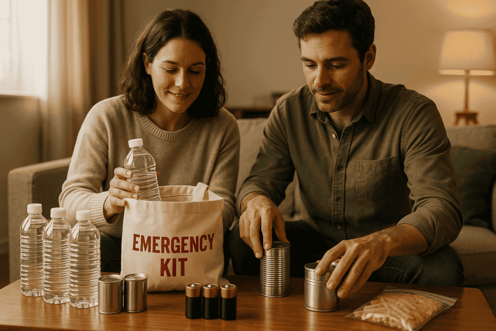 Familia organizando su kit de emergencia ante un posible apagón en España, con linternas, pilas y alimentos no perecederos sobre una mesa del hogar.