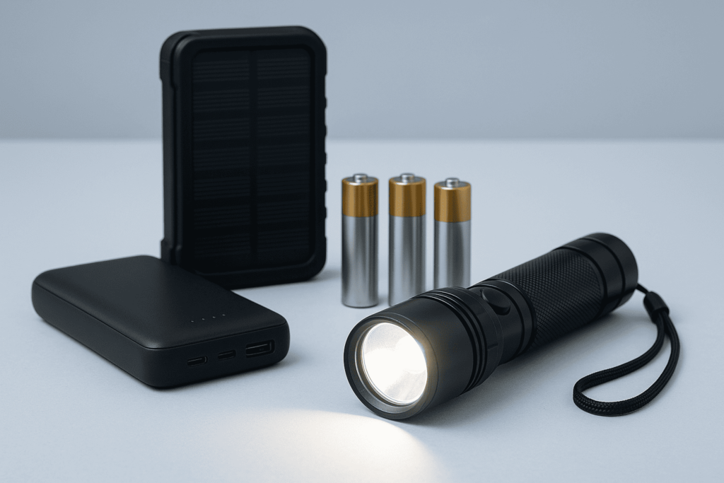 Linterna LED, pilas y cargador solar preparados para mantener energía y autonomía durante un apagón en España.