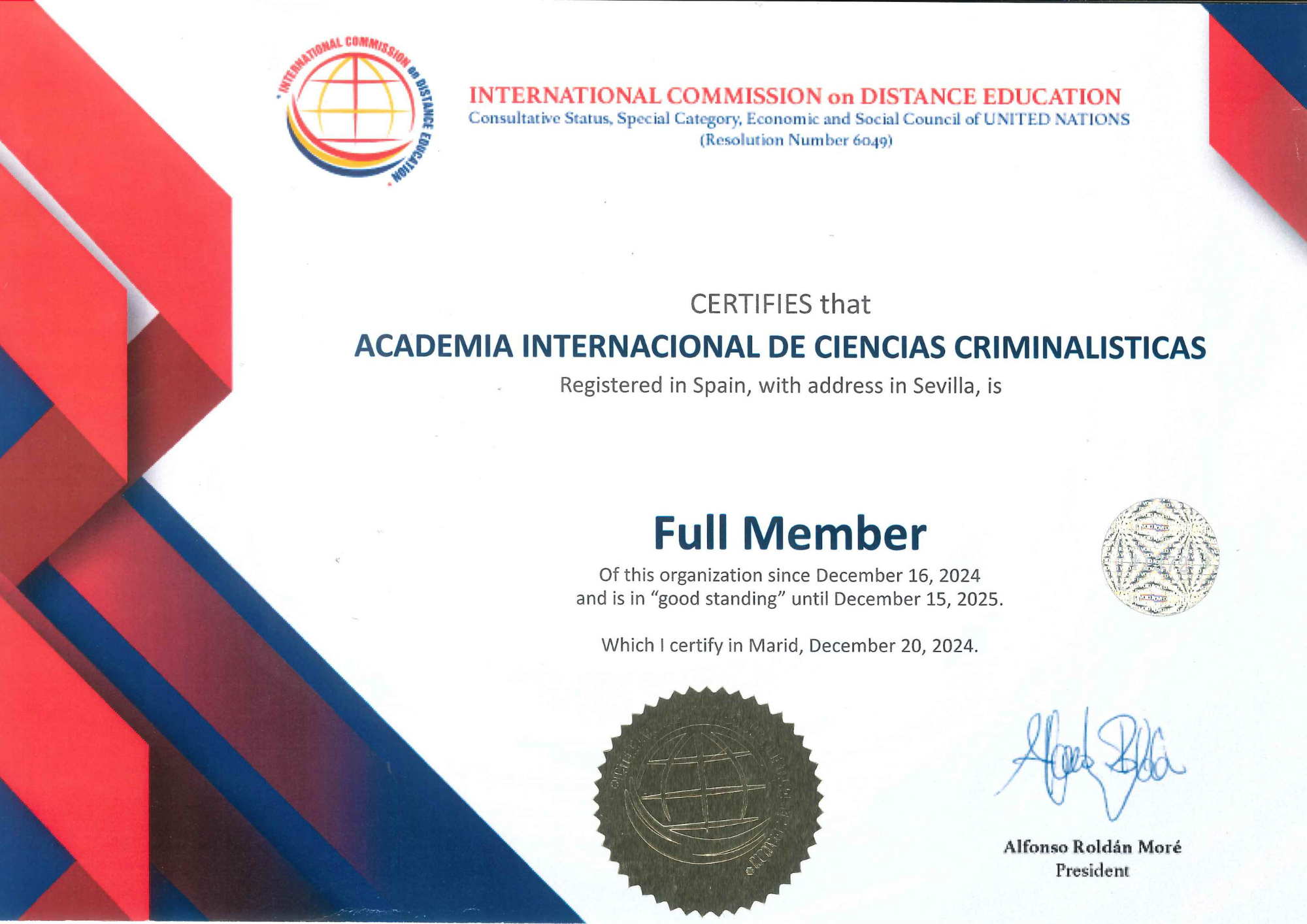Certificado ONU – Academia Criminalística