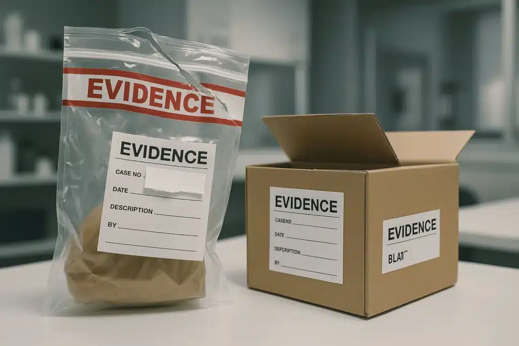 Guía completa sobre Cadena de Custodia 2 Ejemplo de mala práctica en cadena de custodia: bolsa de evidencia mal sellada o sin identificación adecuada.