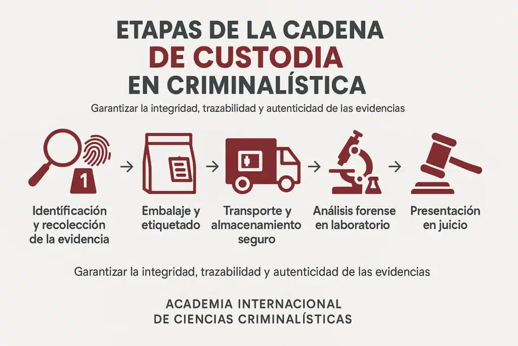 Guía completa sobre Cadena de Custodia 3 Infografía sobre las etapas de la cadena de custodia en criminalística, mostrando de forma secuencial la identificación, embalaje, transporte, análisis forense y presentación judicial de las evidencias, con iconos y diseño institucional de la Academia Internacional de Ciencias Criminalísticas.