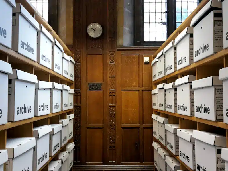 Caso Helena Jubany: Cerco genético y caligráfico a Santi Laiglesia 3 Cajas de archivo ordenadas en estanterías para conservar expedientes documentales