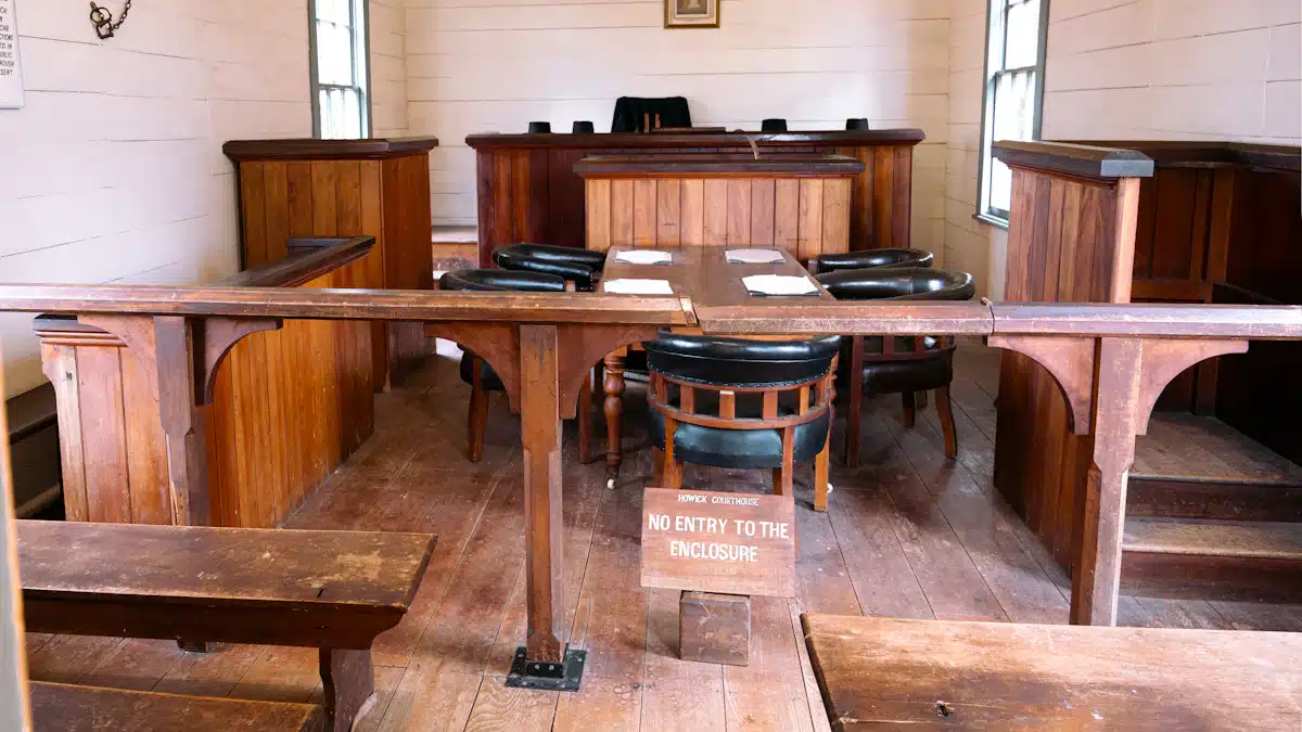 Caso Helena Jubany: Cerco genético y caligráfico a Santi Laiglesia 9 Sala de vistas vacía con bancos de madera y mesa central