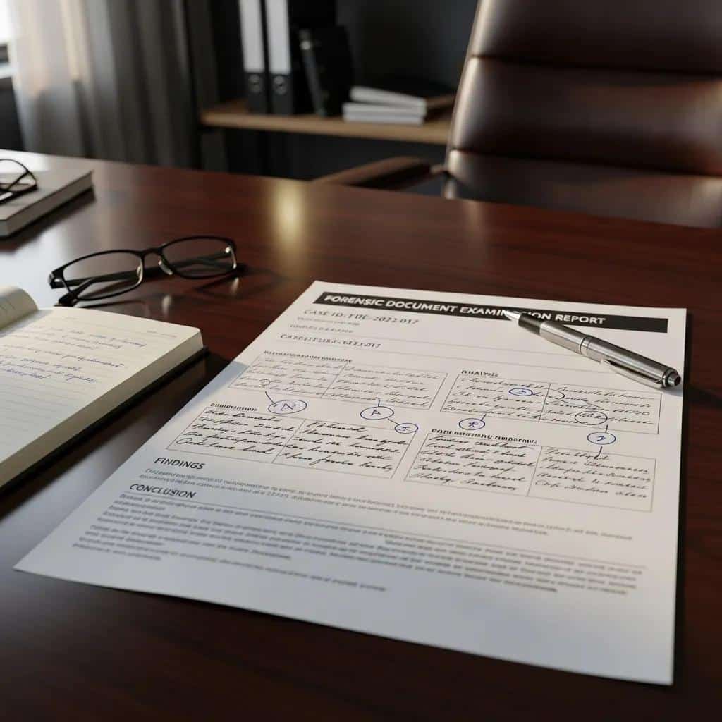 Perito calígrafo: qué hace y cuándo interviene 3 Close-up of a forensic handwriting report with samples and analysis tools on a desk