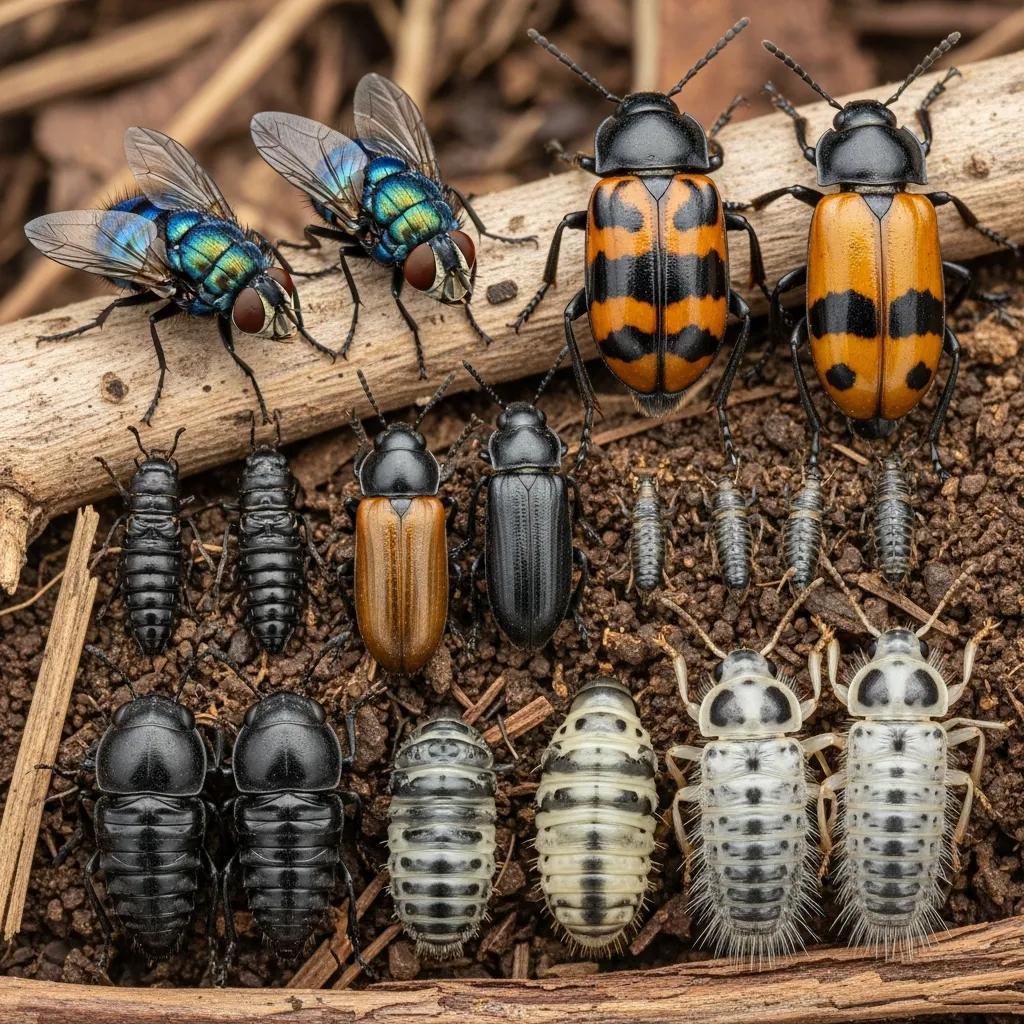 Entomología forense: para qué sirve en una investigación 3 Close-up of common forensic insects like blowflies and beetles on a natural background