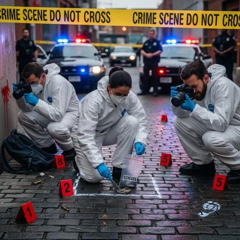 Crime scene investigation with forensic experts examining evidence