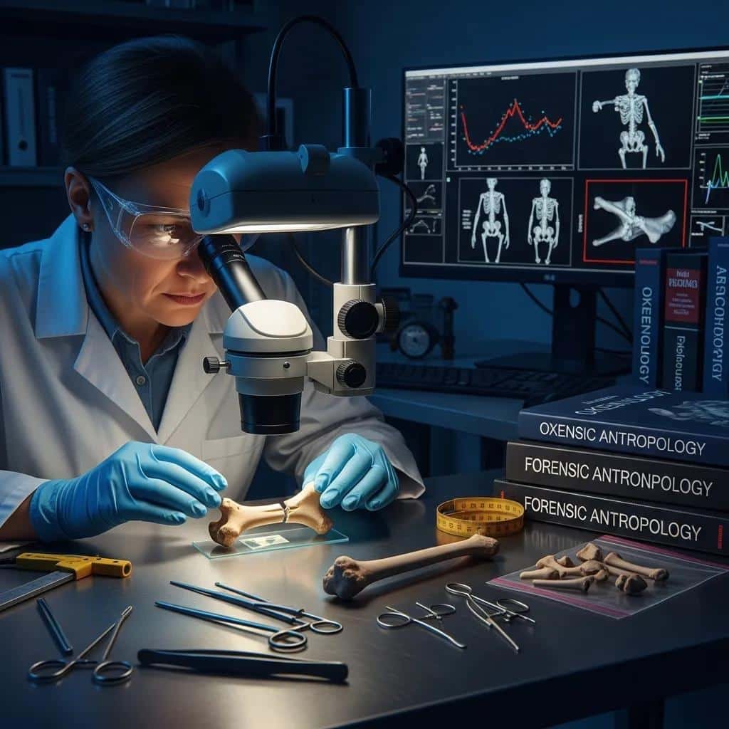 Antropología forense: qué estudia y aplicaciones 4 Forensic anthropologist analyzing trauma on a bone specimen under a microscope
