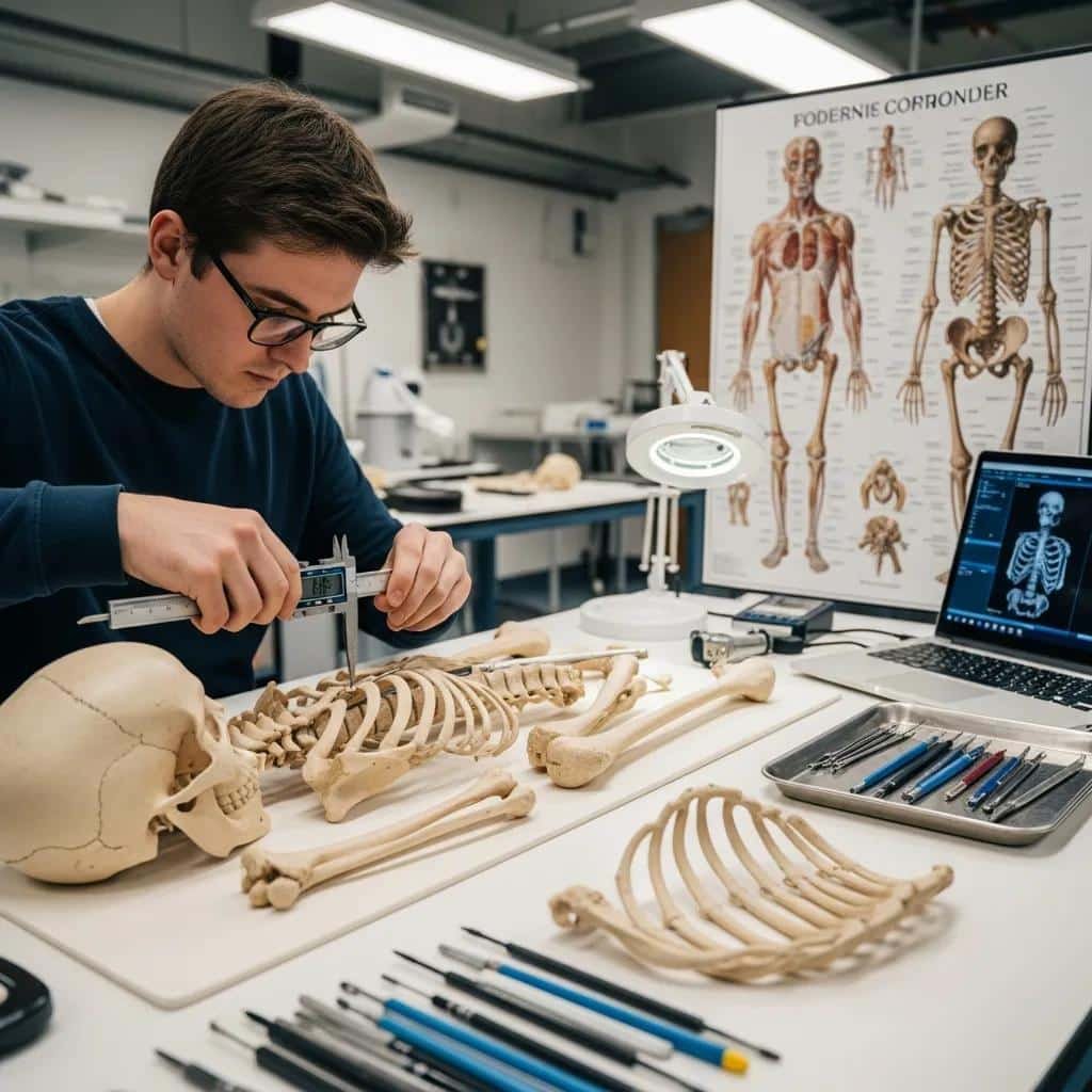 Antropología forense: qué estudia y aplicaciones 3 Forensic anthropologist conducting osteological analysis on skeletal remains