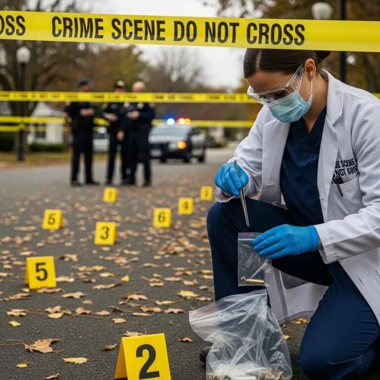 Forensic assistant collecting evidence at a crime scene, emphasizing the role in criminal investigations