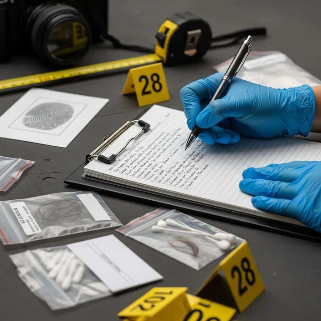 Auxiliar forense: funciones y formación 2 Forensic assistant documenting evidence meticulously at a crime scene, showcasing responsibilities in investigations