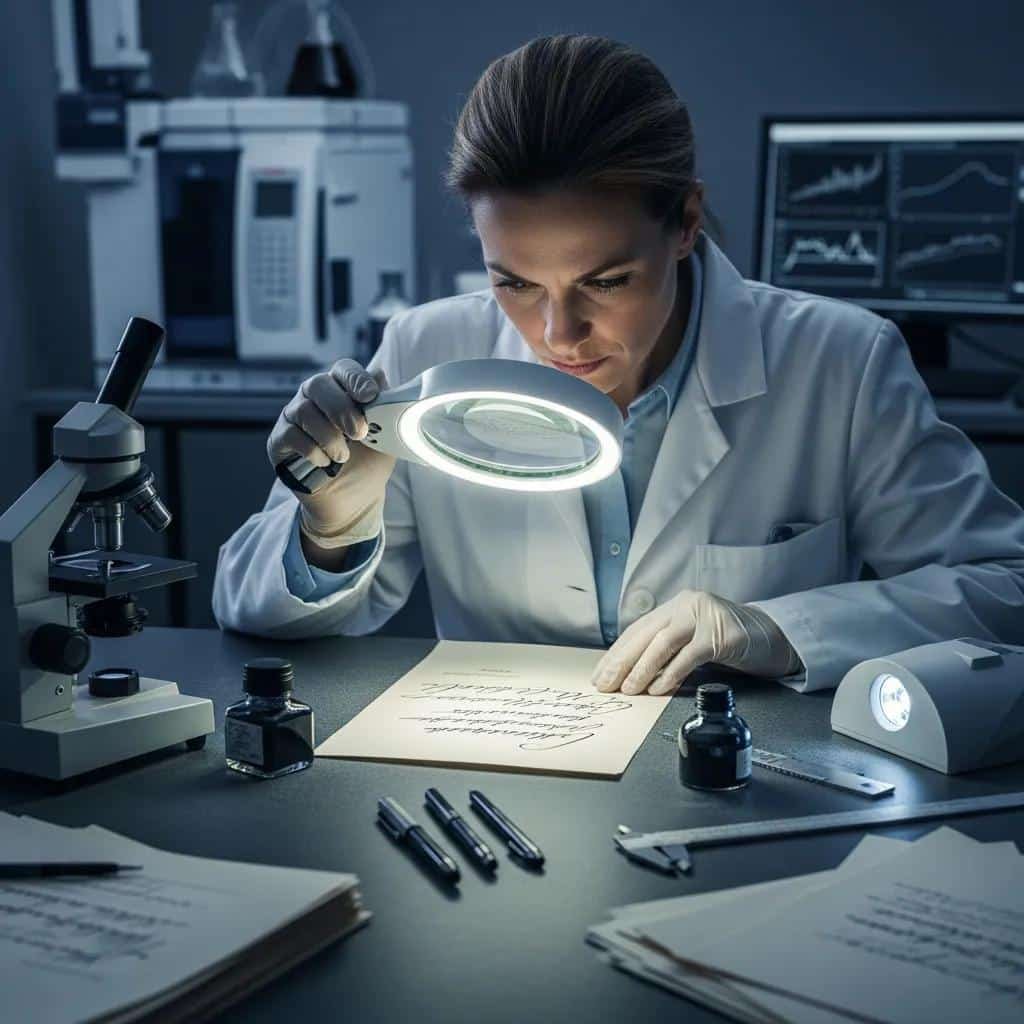 Experto forense analizando una firma con una lupa en un laboratorio