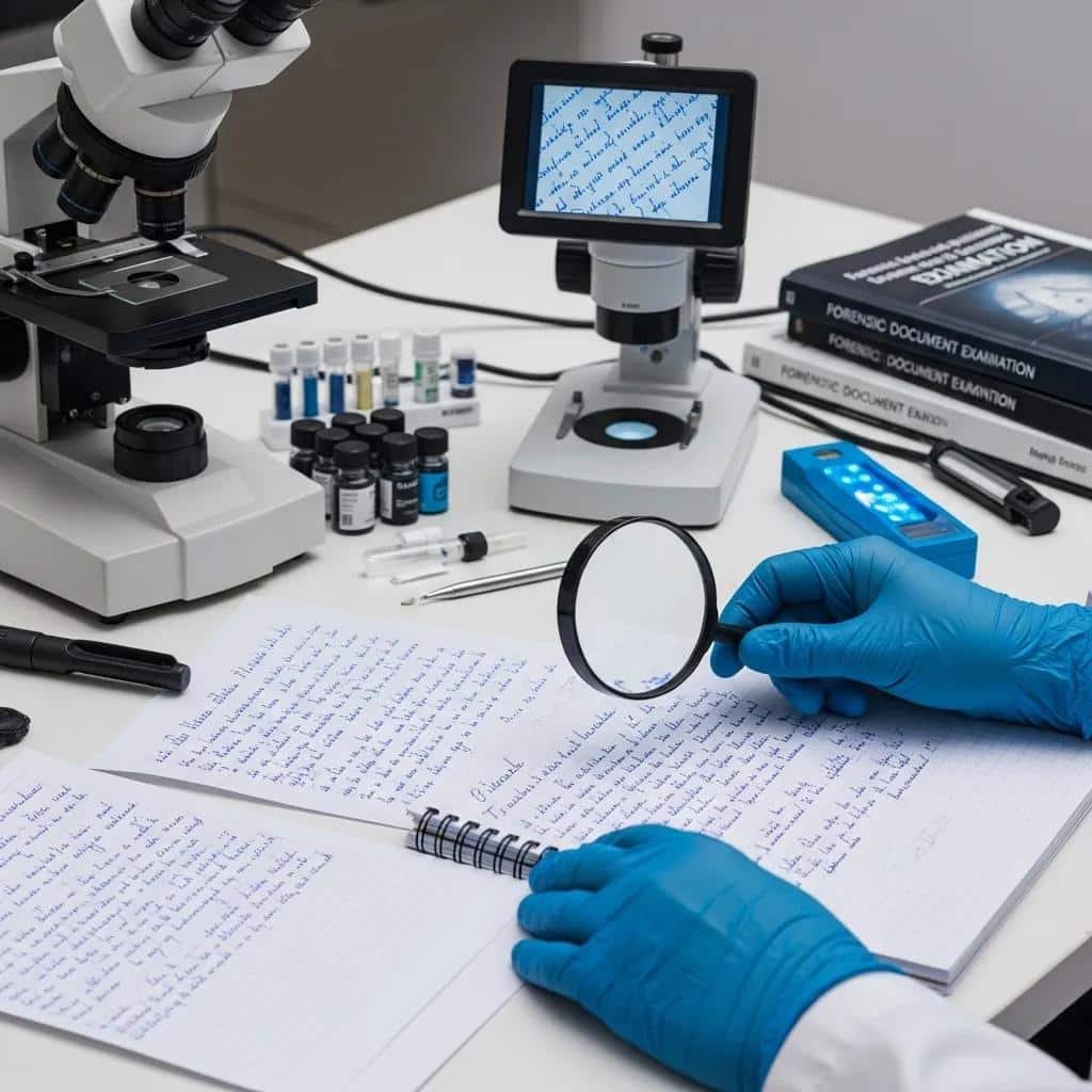 Perito calígrafo: qué hace y cuándo interviene 2 Forensic expert comparing handwriting samples with analysis tools in a laboratory