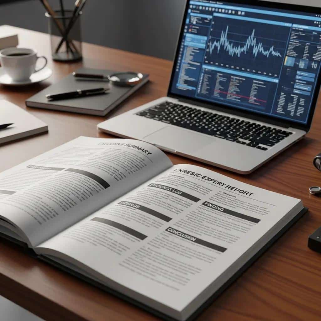 Perito informático judicial: funciones y formación 3 Forensic expert report with labeled sections and analysis software on a laptop