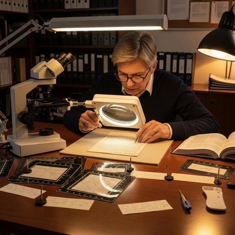 Forensic handwriting expert analyzing a document with a magnifying glass in an office