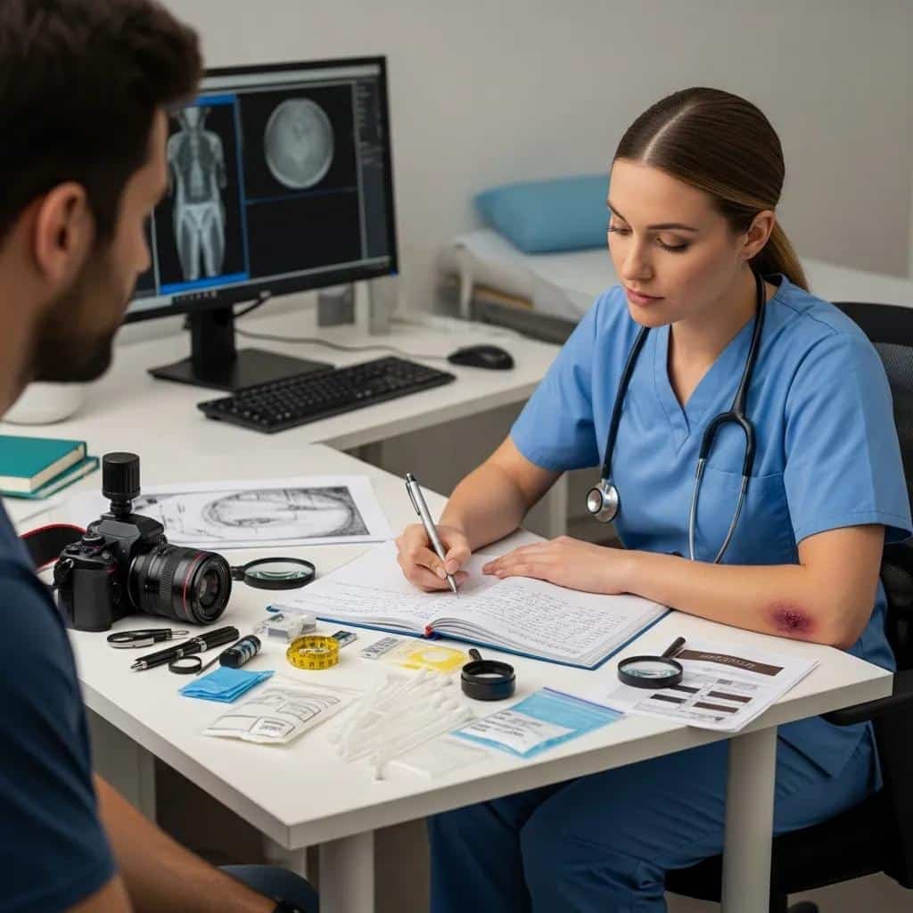 Enfermería forense: funciones y formación 3 Forensic nurse documenting clinical findings during patient examination