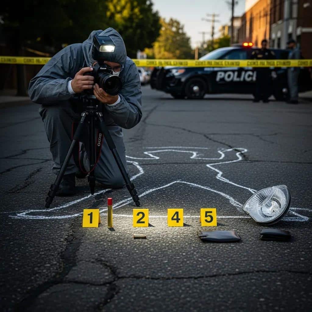 Escena criminal: qué es y cómo se analiza 2 Forensic photographer capturing evidence at a crime scene