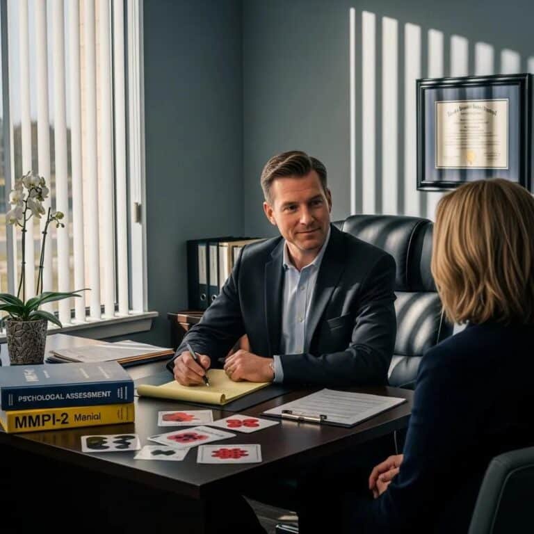 Forensic psychologist consulting with a client in a professional setting