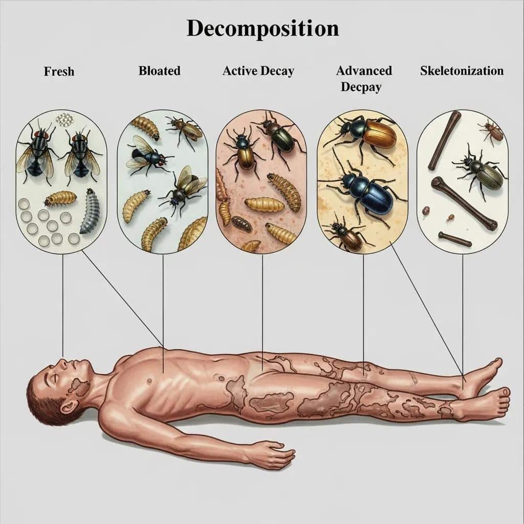 Entomología forense: para qué sirve en una investigación 4 Illustration of body decomposition stages with corresponding insect species