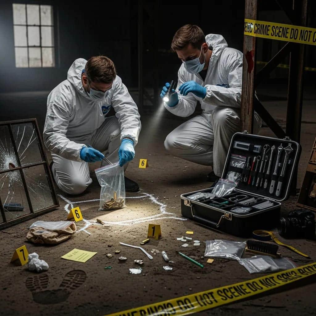 Escena criminal: qué es y cómo se analiza 3 Investigators collecting evidence at a crime scene with proper techniques