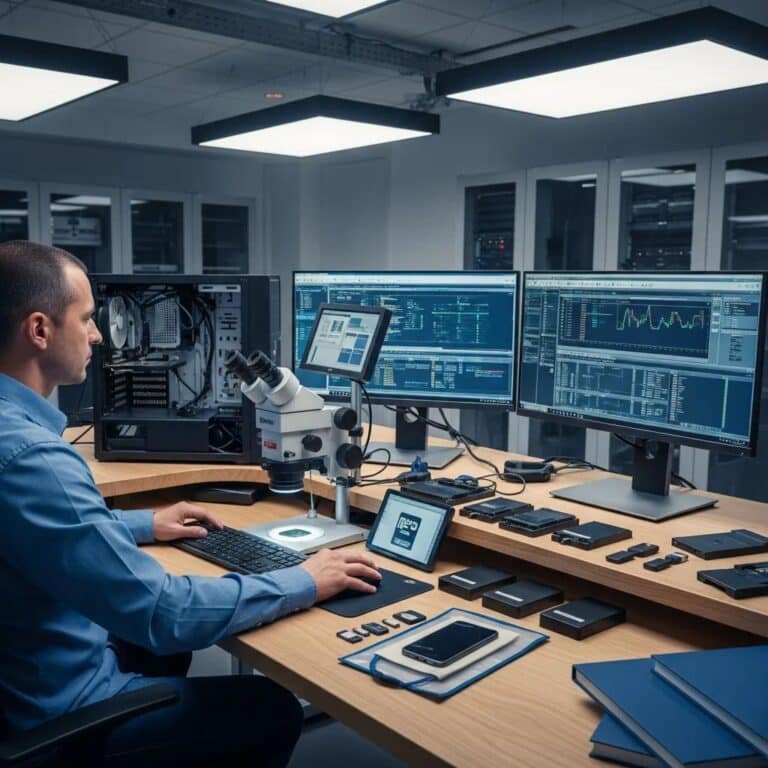 Judicial computer expert analyzing digital evidence in a forensic lab