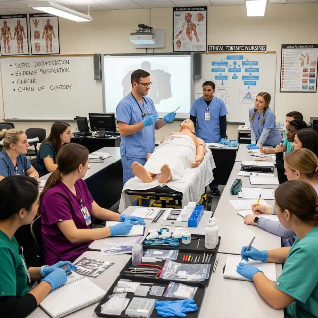 Enfermería forense: funciones y formación 4 Nursing students learning forensic nursing techniques in a classroom