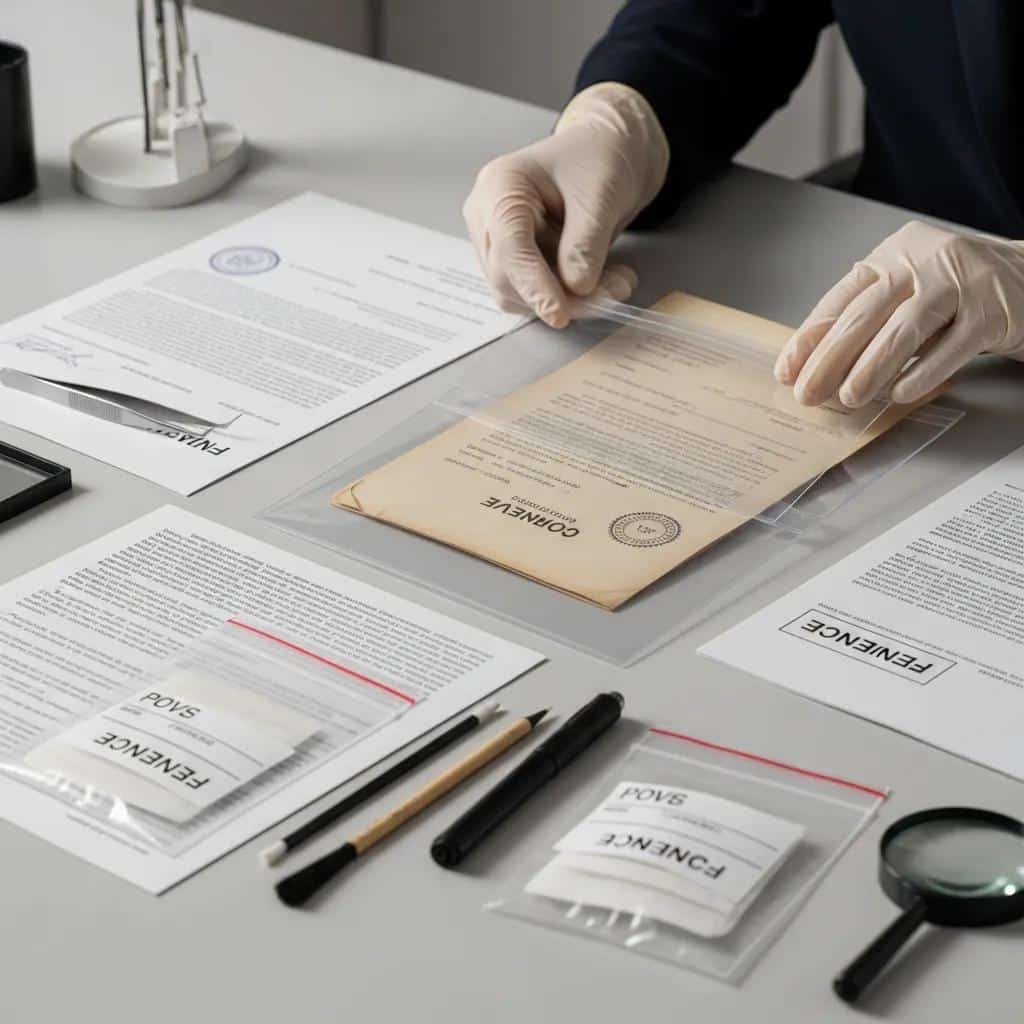 Persona preservando evidencias de firma falsificada en un espacio de trabajo