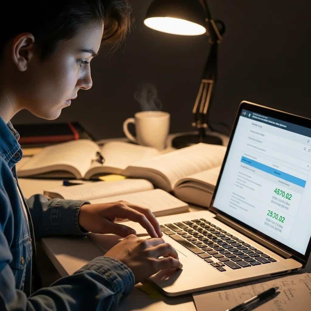 Nota de corte de criminología en España 2 Estudiante revisando puntuaciones de admisión en un portátil, enfatizando el enfoque académico y la determinación