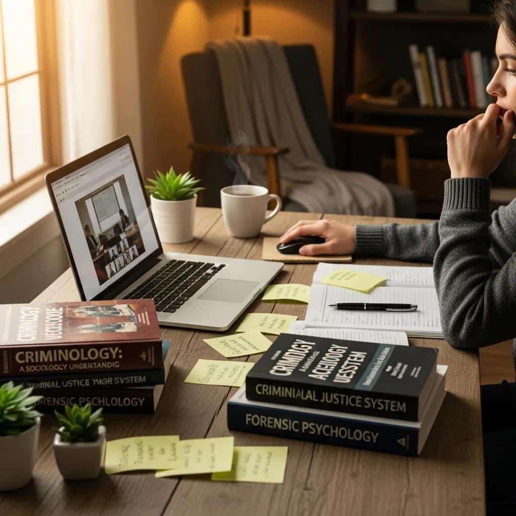 ¿Cuánto dura la carrera de criminología? 3 Student studying criminology online in a cozy home environment