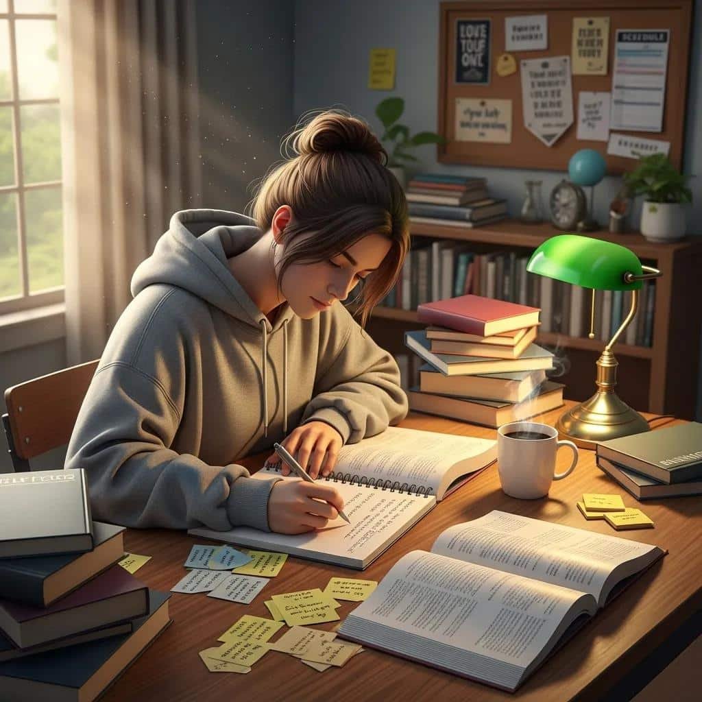 Nota de corte de criminología en España 3 Estudiante estudiando en un ambiente acogedor, destacando la dedicación para mejorar las notas de admisión