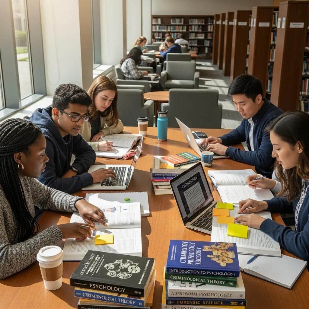 Psicología y criminología: diferencias y salidas 2 Students collaborating in a university setting, focusing on psychology and criminology studies
