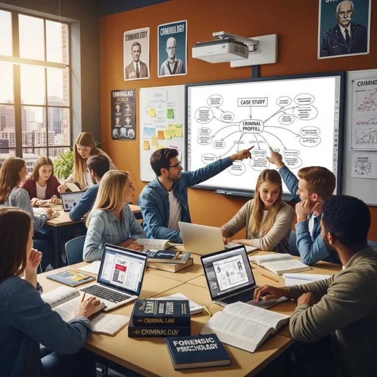 Students engaged in criminology studies in a modern classroom