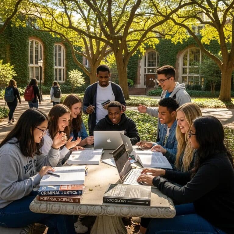 Students studying criminology on a university campus, representing academic collaboration and pursuit