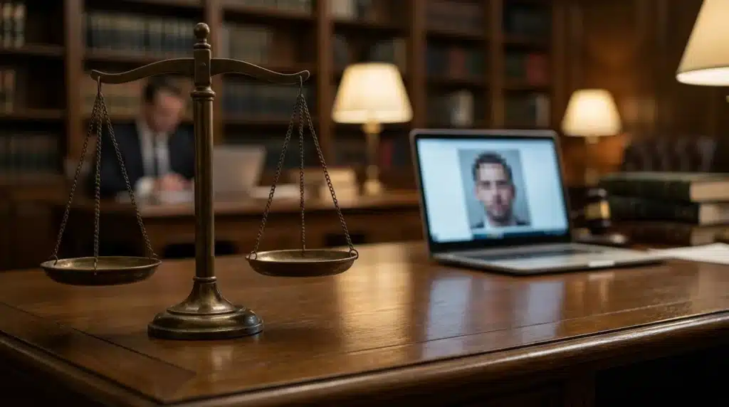 Deepfakes de famosos y el vacío legal actual 4 balanza de justicia frente a portatil con cara pixelada