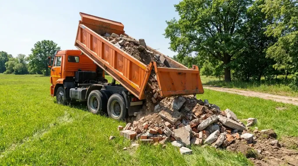 Gestión de residuos en construcción y sus sanciones en España 3 camion vertiendo residuos en el campo