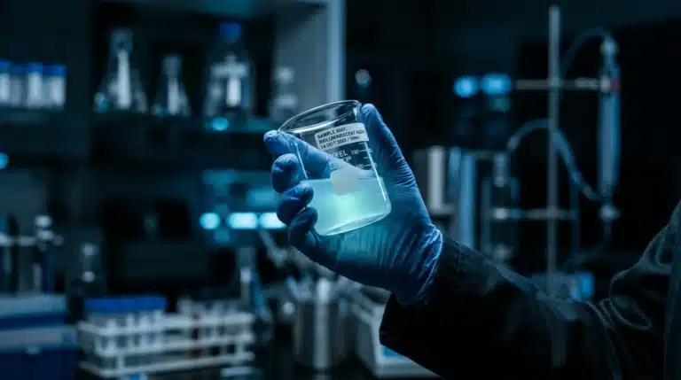 cientifico de toxicologia forense con sustancia en la mano en autopsia