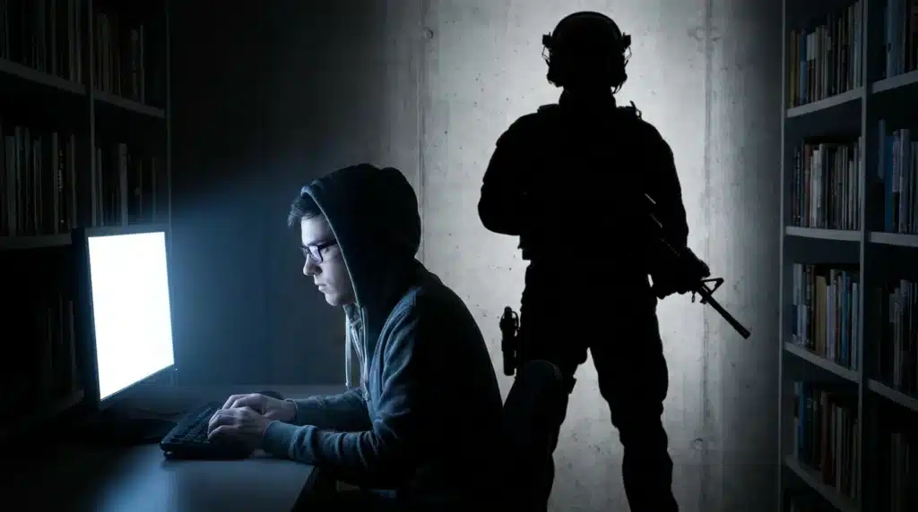 4 métodos de terroristas yihadistas para captar adeptos en redes sociales 8 hombre usando ordenador con sombra militar atras