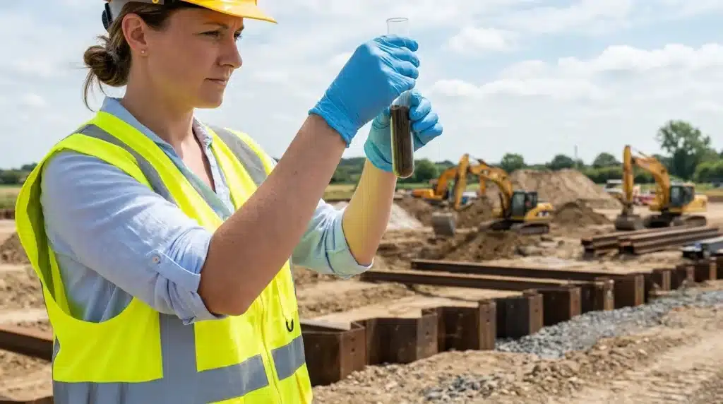 Gestión de residuos en construcción y sus sanciones en España 4 inspectora mirando tubo de ensayo con residuos