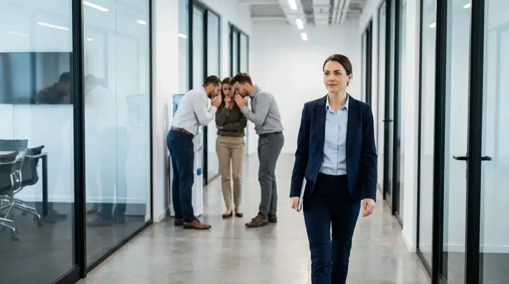 Gestión de equipos en crisis con 3 técnicas de negociación del FBI 4 manager caminando por pasillo y empleados hablando entre ellos