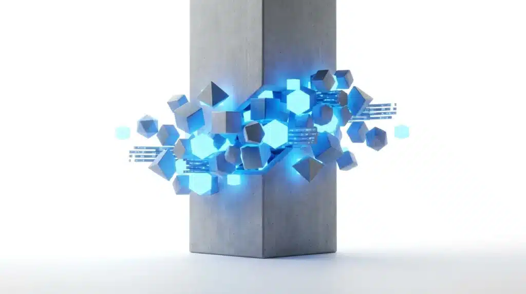 Bitcoin: qué va a pasar y 4 escenarios para el futuro de las criptomonedas 2 pilar rompiendose en piezas geometricas