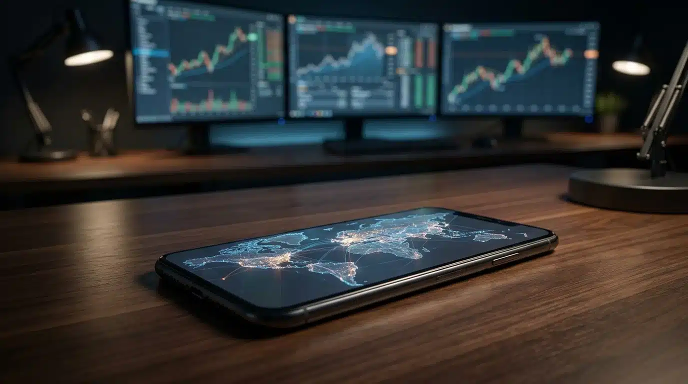 movil con mapa de guerra con graficos de fondo